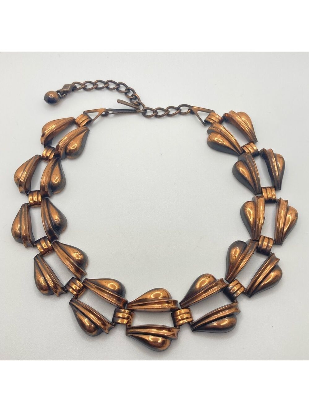 Vtg Art Deco Style Copper Segmented Link Short Choker Necklace 12” - 15”